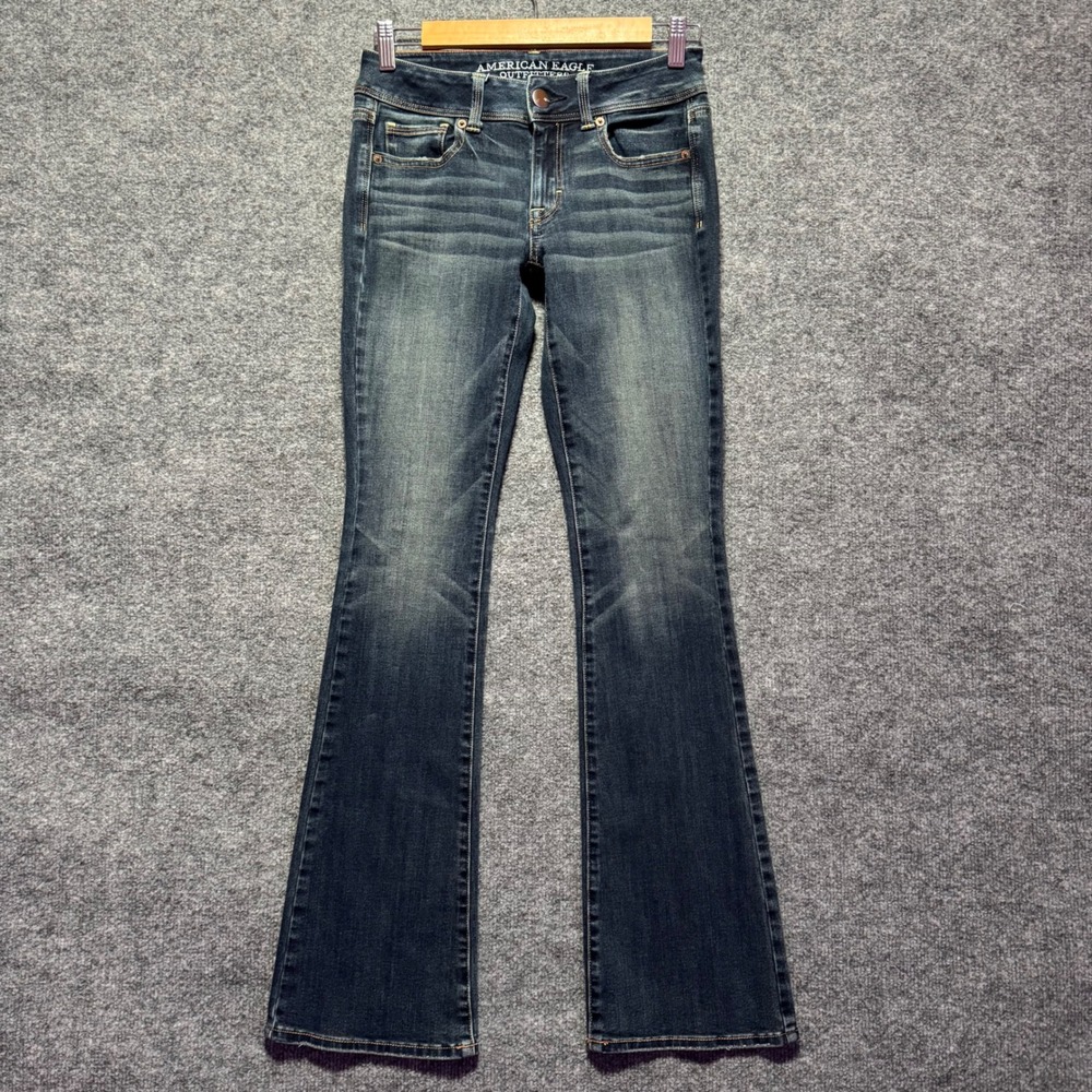 American Eagle Kick Boot Jeans Womens 00 Dark Wash Super Stretch Low Rise Denim